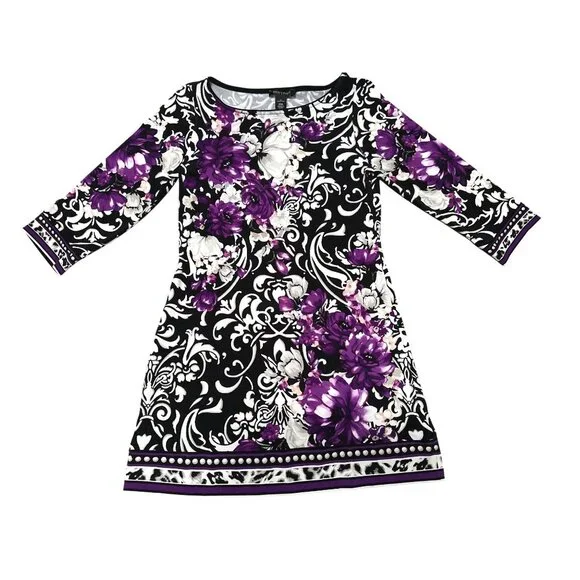 White House Black Market Medium Floral Black Purple Shift Dress Stretch Bold Des - Picture 6 of 12
